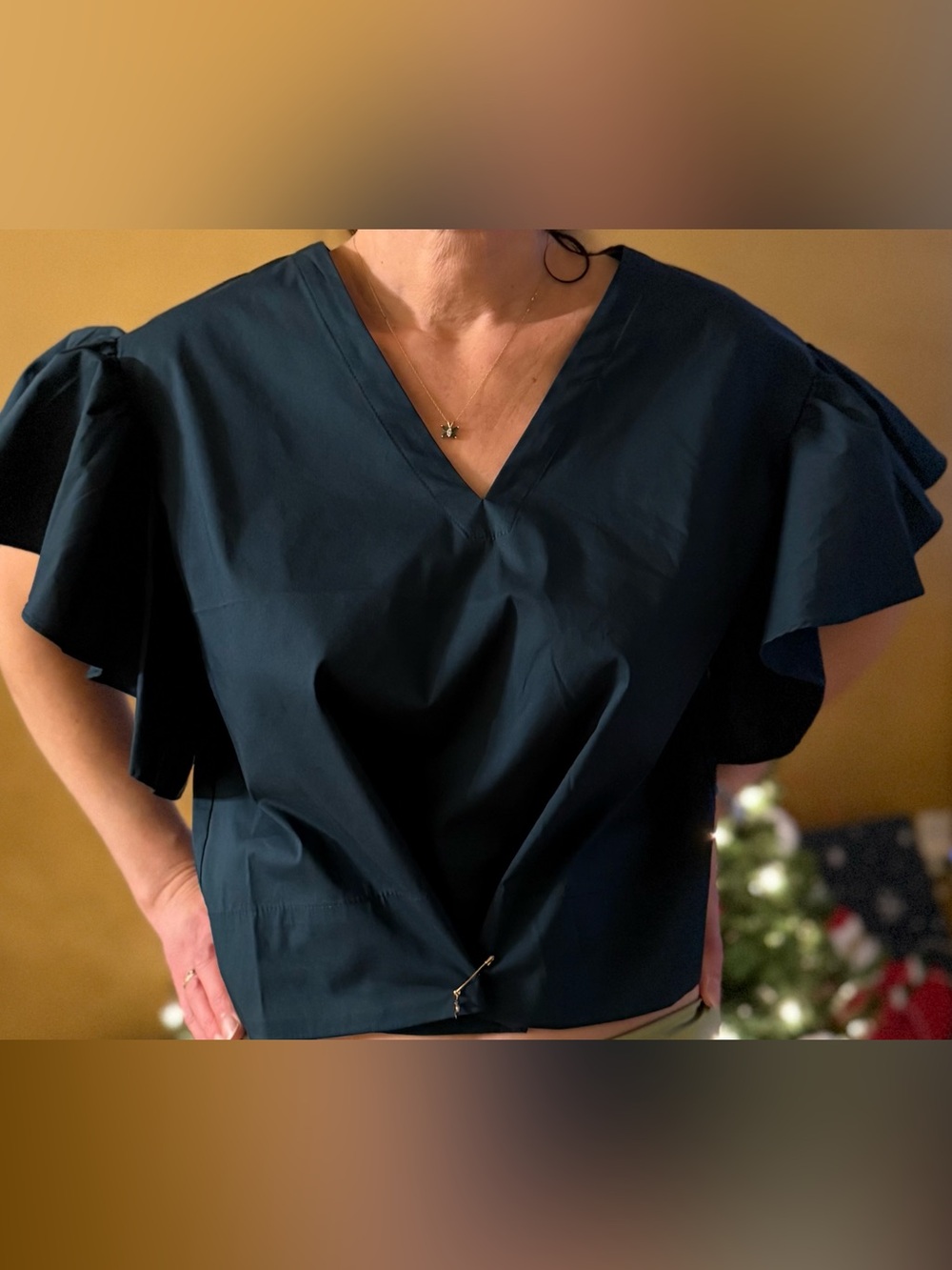 Marc New York Dark Green Ruffle Sleeve V-Neck Top Dark Green good for Christmas